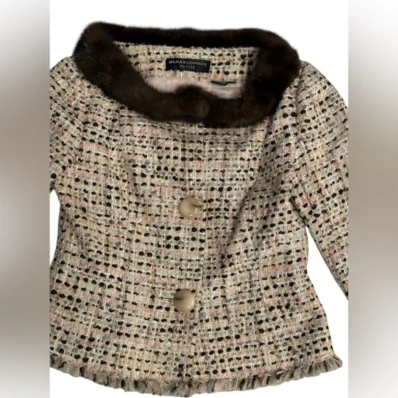A370 Dana Buchman Mink Fur Trim Tweed Jacket Sz 4P Brown Pink Cream Luxury - Picture 4 of 10